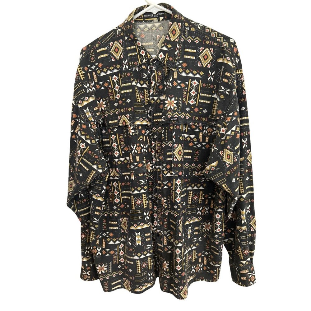 Vintage Guess By Georges Marciano Tribal Print Button-Up Shirt Size 3